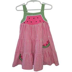 Vintage Watermelon Gingham Dress Size 2T Embroidered Seersucker Cotton Fruit